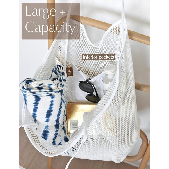 Women's White Mesh Beach Nylon & Polyester No-closure Tote Shoulder Handbag - Picture 4 of 7